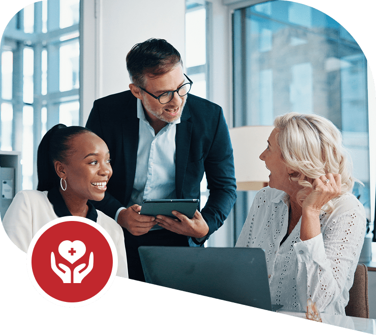 Smiling colleagues collaborating in modern office.